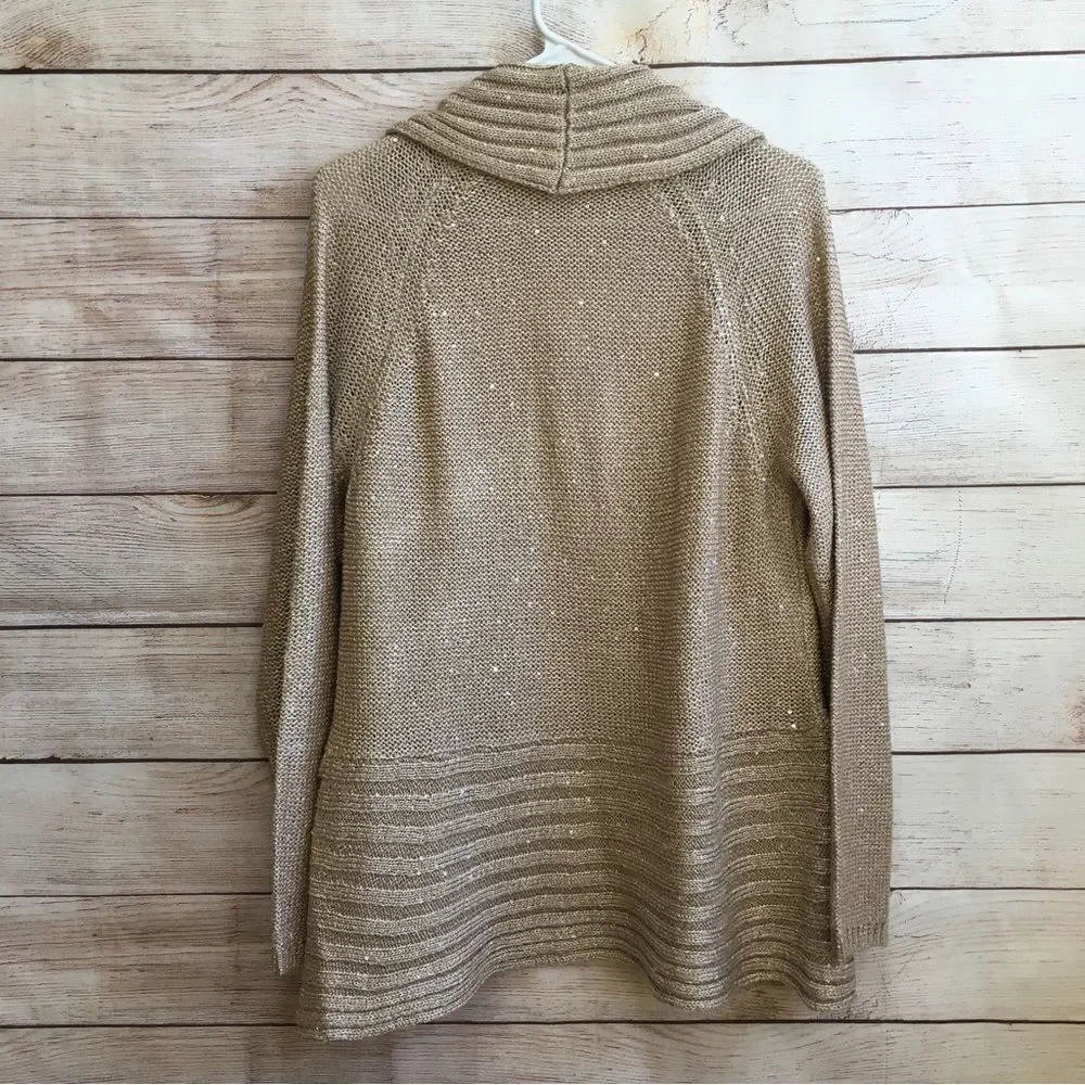 CHICOS WATERFALL CARDIGAN SWEATER IN METALLIC GOLD‎